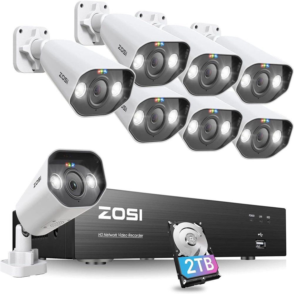 ZOSI 8CH 4K Spotlight PoE Security Camera System with 2TB HDD,8 Ports 16CH 8MP NVR,6 x 5MP Outdoor PoE IP Cameras,Person Vehicle Detection,2-Way Audio,Night Vision,Sound Alert,for Home 24-7 Recording