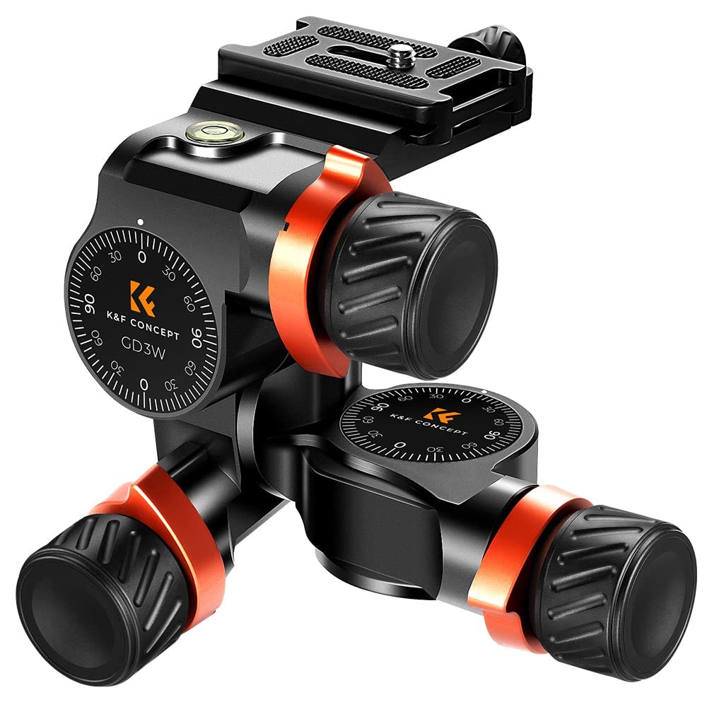 K&F CONCEPT 3-Way Geared Tripod Head, Millimeter Micro-Adjustment, Full CNC Aluminum Alloy Tripod Head, Maximum Load Capacity of 13.2lbs/6kg for Star Shooting, Commercial Photography, etc.