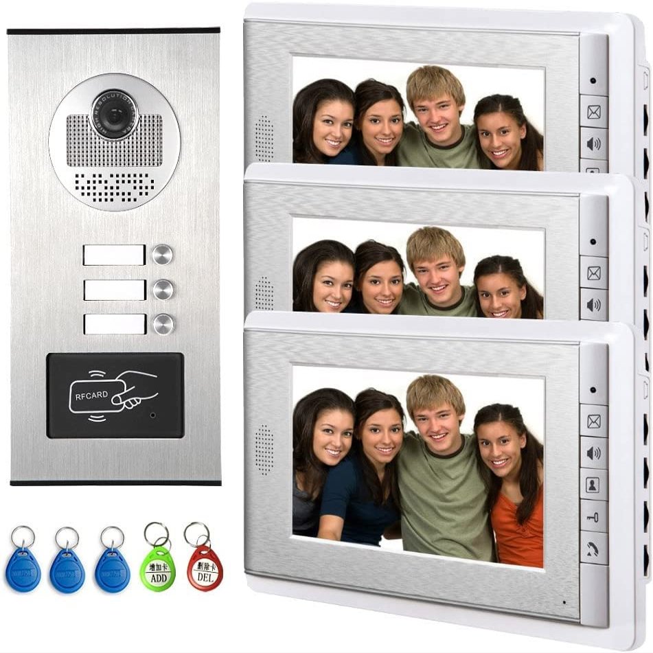 AMOCAM Apartment Video Intercom System, Wired 7 Inches Monitor Video Door Phone Doorbell for 3 Units Apartment, Monitoring, ID Keyfob Unlock Entry, Dual Way Door Intercom with 3-Screen