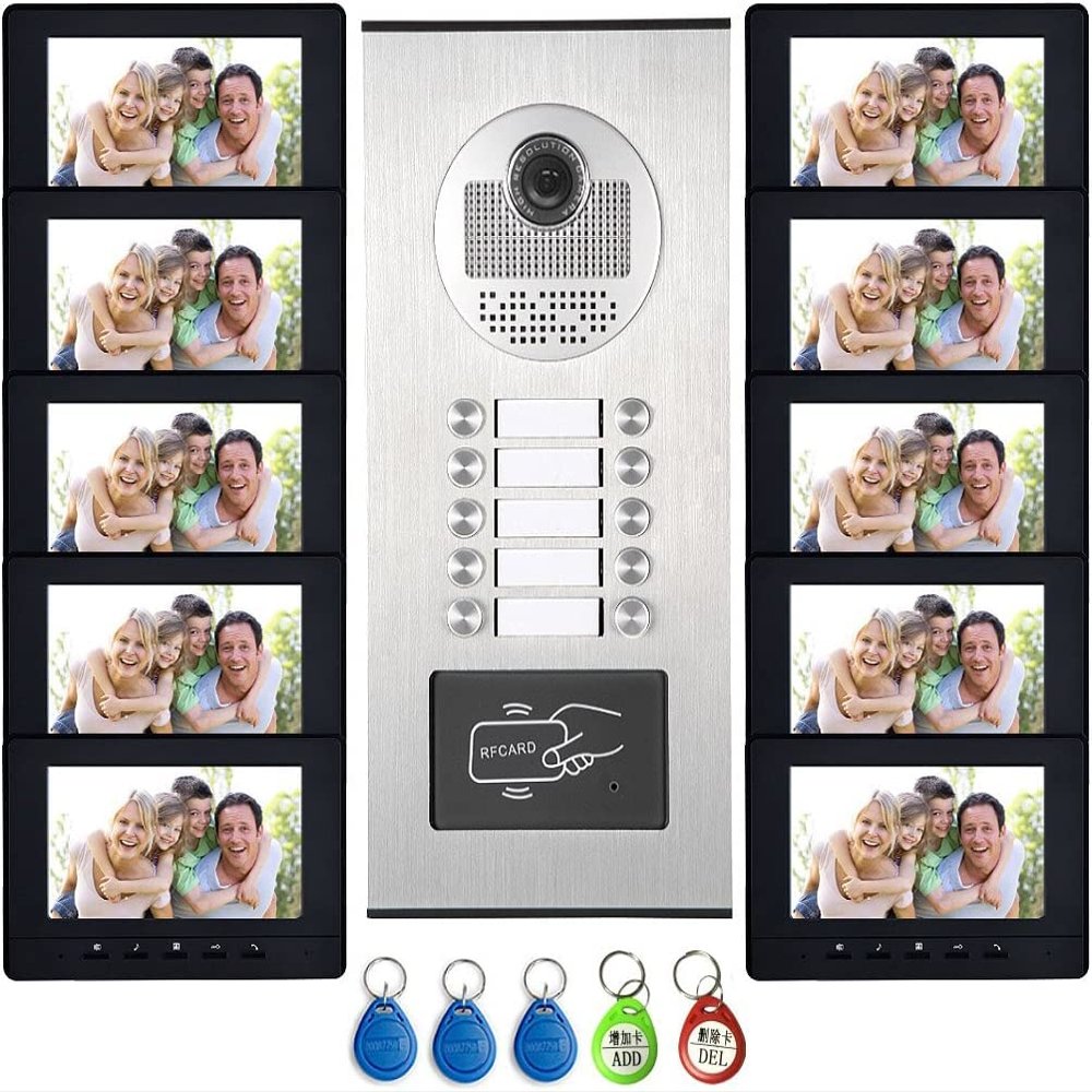 AMOCAM 10 Units Apartment Intercom System, Video Intercom Video Door Phone Kit, HD Camera 7" Monitor with ID keyfobs Unlock for 10 Household or Office