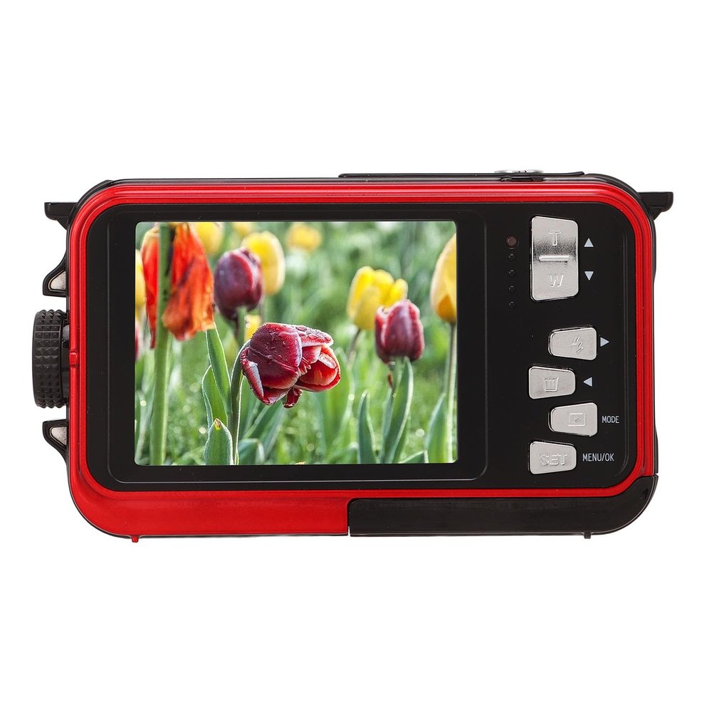 Digital Camera, Full HD 2.7K 48MP 10ft Underwater Digital Camera, Video Recorder Selfie Dual Screens 16X Digital Zoom Camera for Snorkeling (Red)