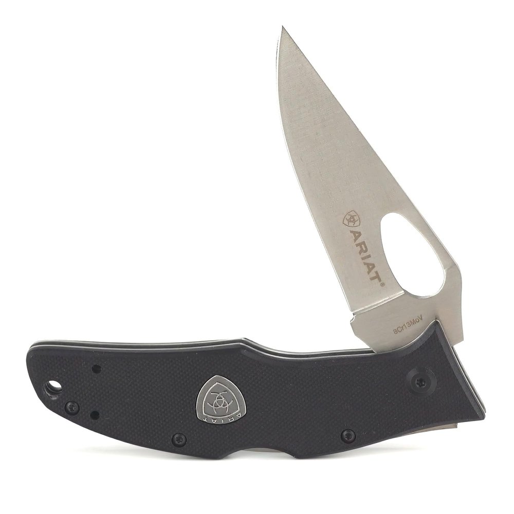 ARIAT Inset Shield Logo Plain Edge Blade Folding Knife, Black, 3.5" Blade (Large)