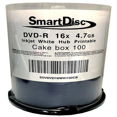 SmartDisc DVD-R 4.7GB 16X White Inkjet Hub Printable recordable Media (600)