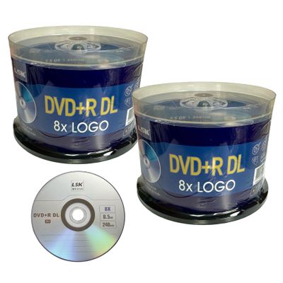 DVD+R DL Double Layer Logo 8X 8.5GB 240min Video  LSK Media Logo Top, 100 Discs, 2-Pack, 50 Pack in Spindle | Blank DVDs for Burning Video | DVD Discs Blank | Recordable DVDs