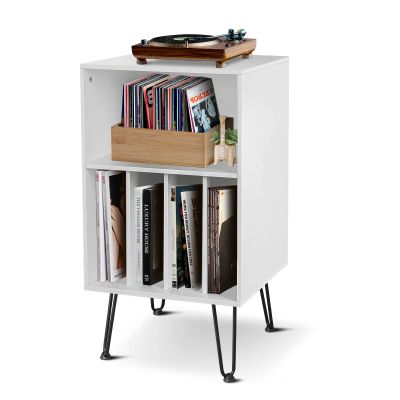 ACEHOME Record Player Table, Record Player Stand with Storage, Record Storage Turntable Stand with Metal Legs, Record Player Table with Sorted Storage Space, for Living Room Bedroom Office, White