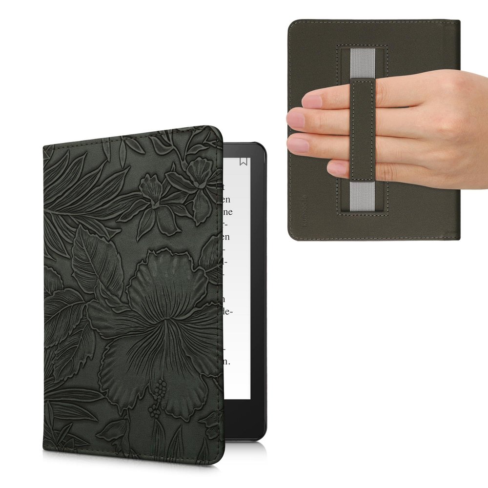 kwmobile Case for Kindle Paperwhite 11 Gen 2021 - PU Cover with Strap - Embossing Flowers Green