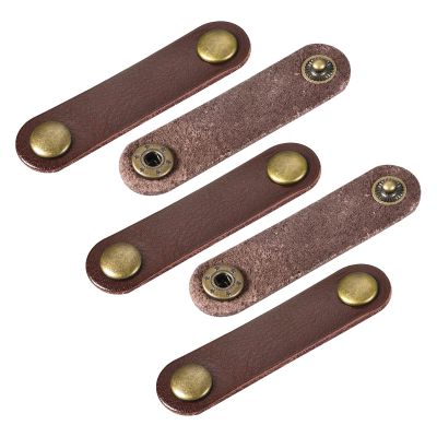 MECCANIXITY Pack of 5 Leather Cable Straps Cord Organizer 63x16mm Portable Cable Leather Clips Brown Earphone Cord Management for Cable, Wire