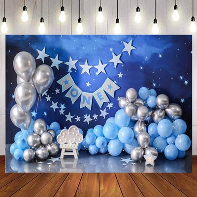 1st Happy Birthday Backdrop Blue and Silver Balloons Stars Boy 1st Bday Party Backdrop for Newborn Kids Portrait Decorations Cake Smash Decoration Banner Photo Shoot Studio (5x3ft)