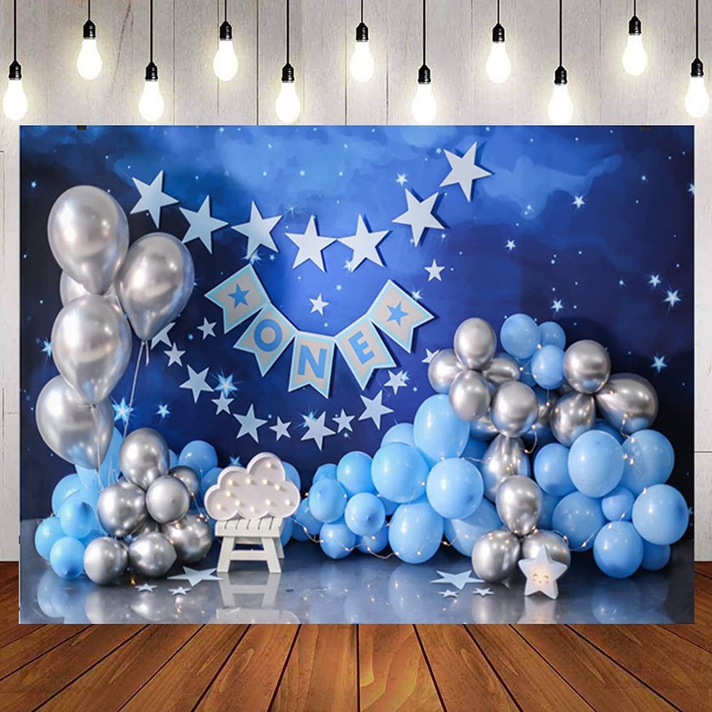 1st Happy Birthday Backdrop Blue and Silver Balloons Stars Boy 1st Bday Party Backdrop for Newborn Kids Portrait Decorations Cake Smash Decoration Banner Photo Shoot Studio (5x3ft)