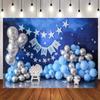 1st Happy Birthday Backdrop Blue and Silver Balloons Stars Boy 1st Bday Party Backdrop for Newborn Kids Portrait Decorations Cake Smash Decoration Banner Photo Shoot Studio (5x3ft) view 1