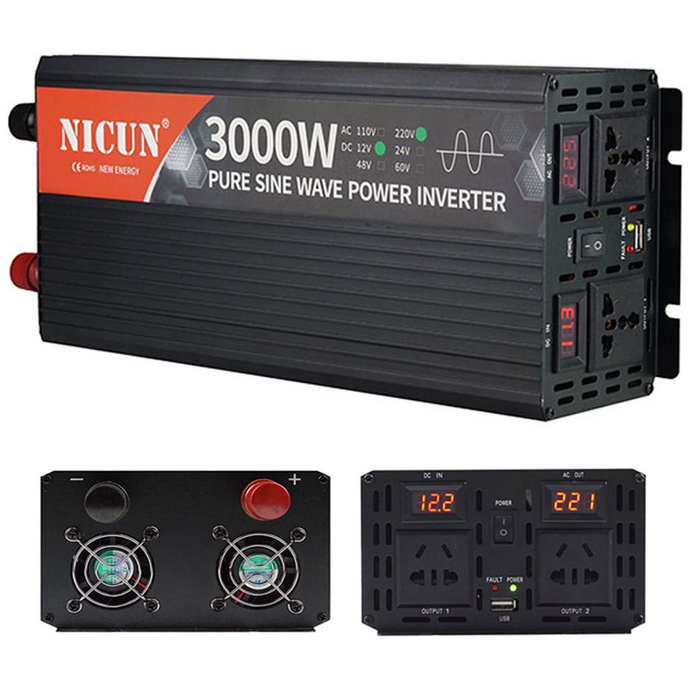 2000W/3000W/4000W/5000W/6000W Pure Sine Wave Inverter 12V/24Vto110V/220V Car Converter Power Inverter DC to AC Converter with LED Display USB Charging Ports 2Universal Sockets,3000W-24Vto220V