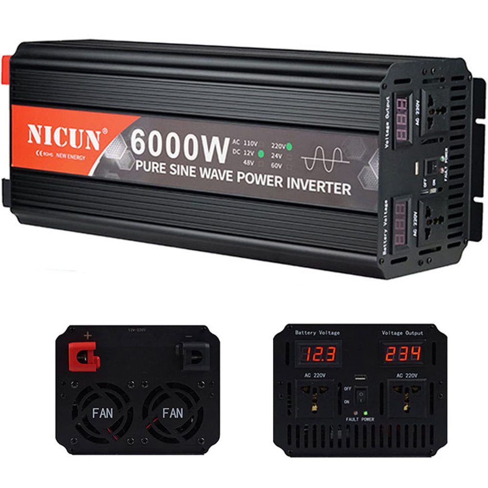 2000W/3000W/4000W/5000W/6000W Pure Sine Wave Inverter 12V/24Vto110V/220V Car Converter Power Inverter DC to AC Converter with LED Display USB Charging Ports 2Universal Sockets,6000W-24Vto220V