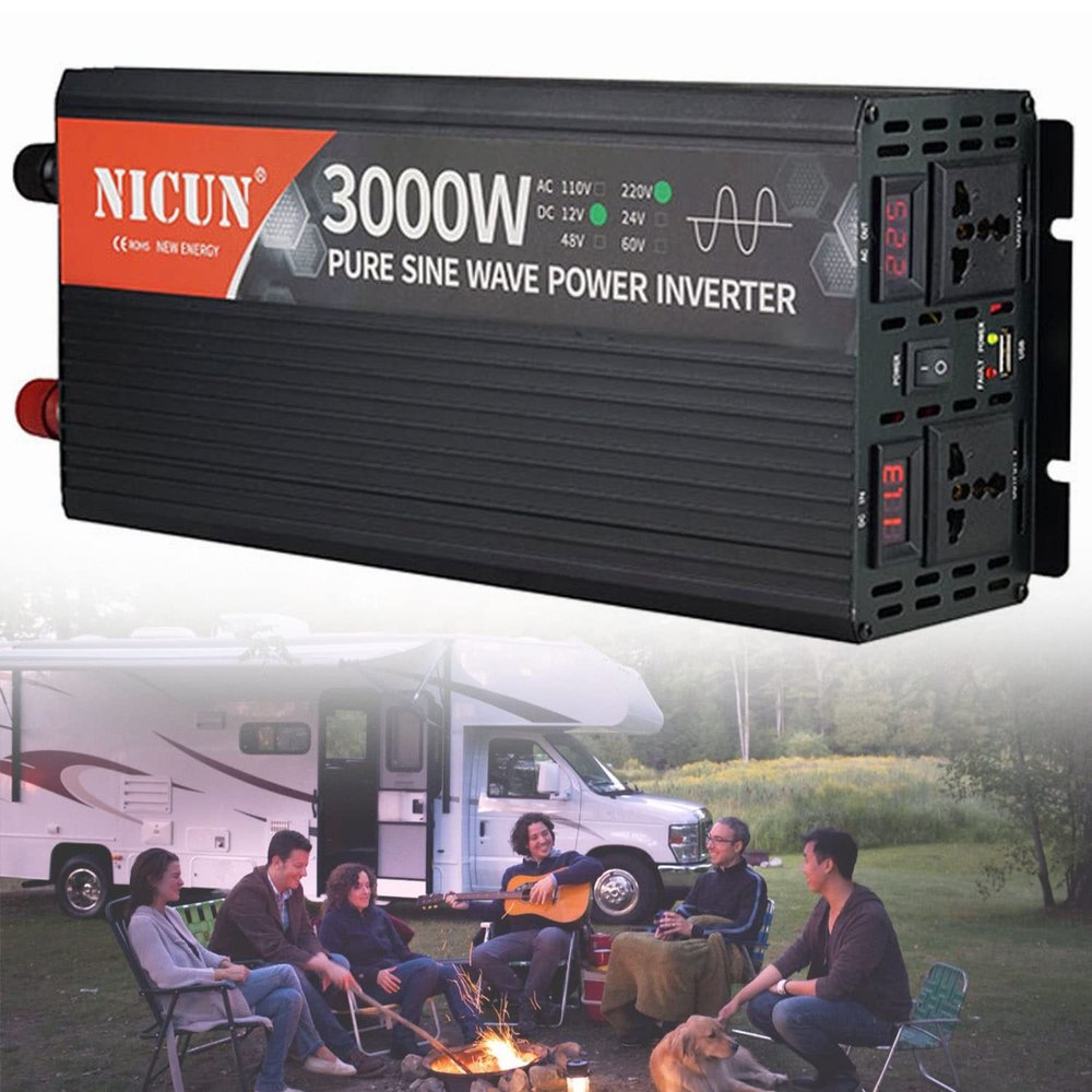 2000W/3000W/4000W/5000W/6000W Pure Sine Wave Power Inverter DC12V/24V to AC110V/220V Car Converter with LCD Display, 2 Universal Socket ,USB Port,2 Fans -Black Aluminum Body,3000W-24Vto220V