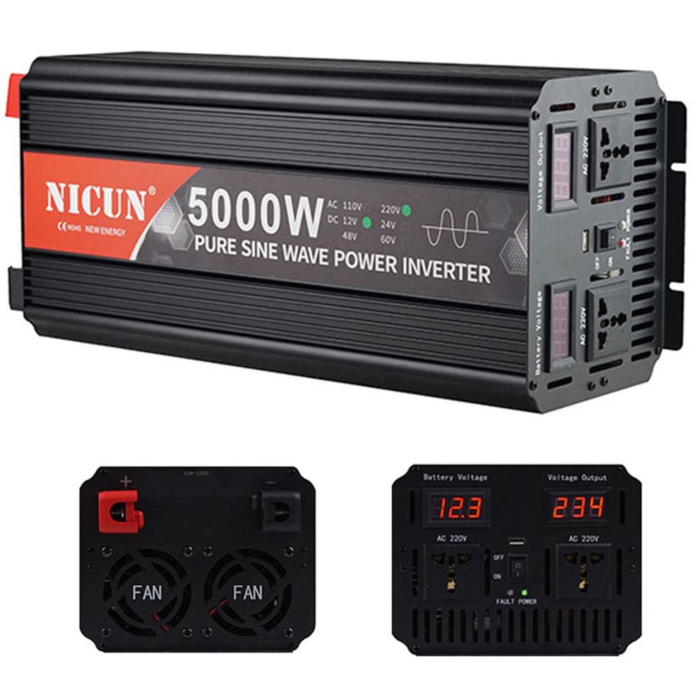 2000W/3000W/4000W/5000W/6000W Pure Sine Wave Inverter 12V/24Vto110V/220V Car Converter Power Inverter DC to AC Converter with LED Display USB Charging Ports 2Universal Sockets,5000W-12Vto220V