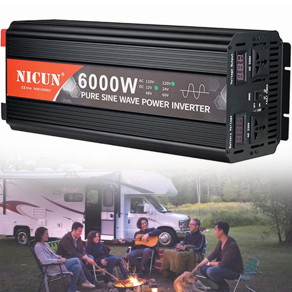 2000W/3000W/4000W/5000W/6000W Pure Sine Wave Power Inverter DC12V/24V to AC110V/220V Car Converter with LCD Display, 2 Universal Socket ,USB Port,2 Fans -Black Aluminum Body,6000W-24Vto110V