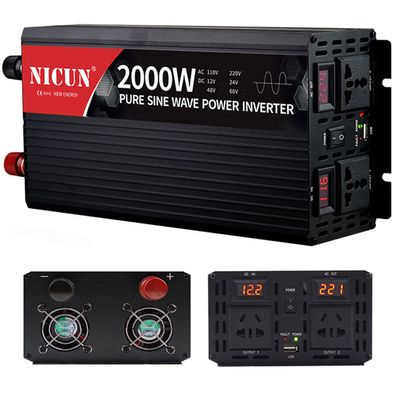 2000W/3000W/4000W/5000W/6000W Pure Sine Wave Inverter 12V/24Vto110V/220V Car Converter Power Inverter DC to AC Converter with LED Display USB Charging Ports 2Universal Sockets,2000W-24Vto110V