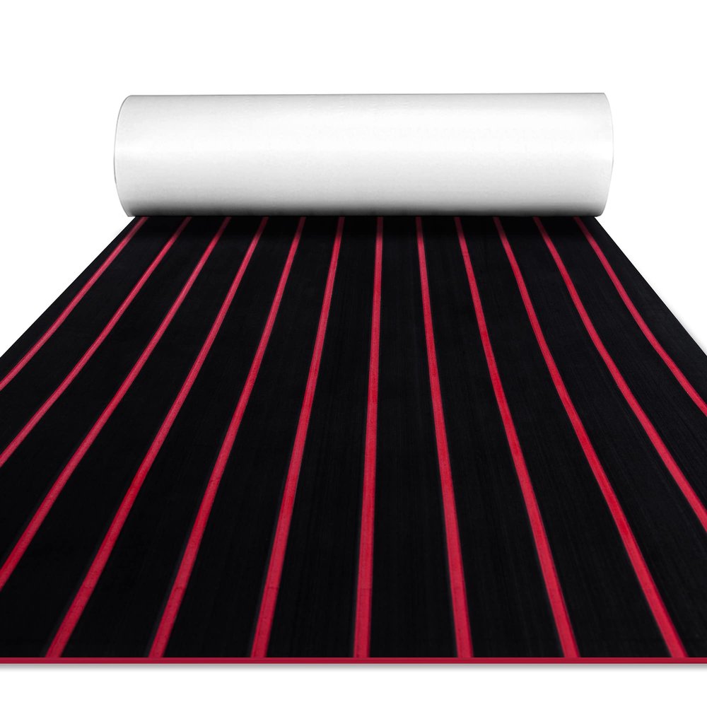 FOCEAN Boat Flooring EVA Foam Boat Decking Faux Teak Marine Flooring Marine Mat Sheet for Motorboat RV Yacht Kayak Surfboard, 94.5''x 15.7'', Black with Red Lines