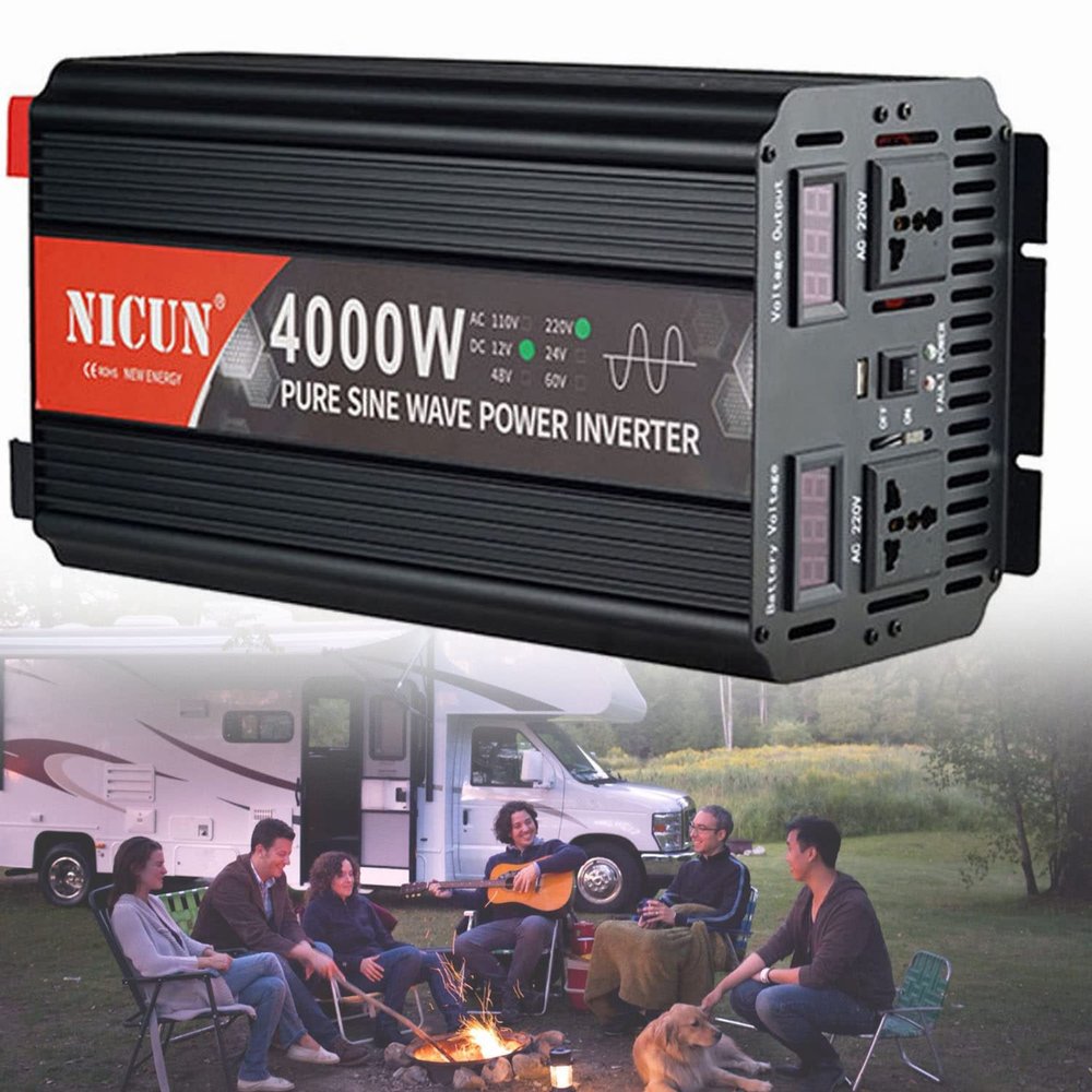 2000W/3000W/4000W/5000W/6000W Pure Sine Wave Power Inverter DC12V/24V to AC110V/220V Car Converter with LCD Display, 2 Universal Socket ,USB Port,2 Fans -Black Aluminum Body,4000W-12Vto110V