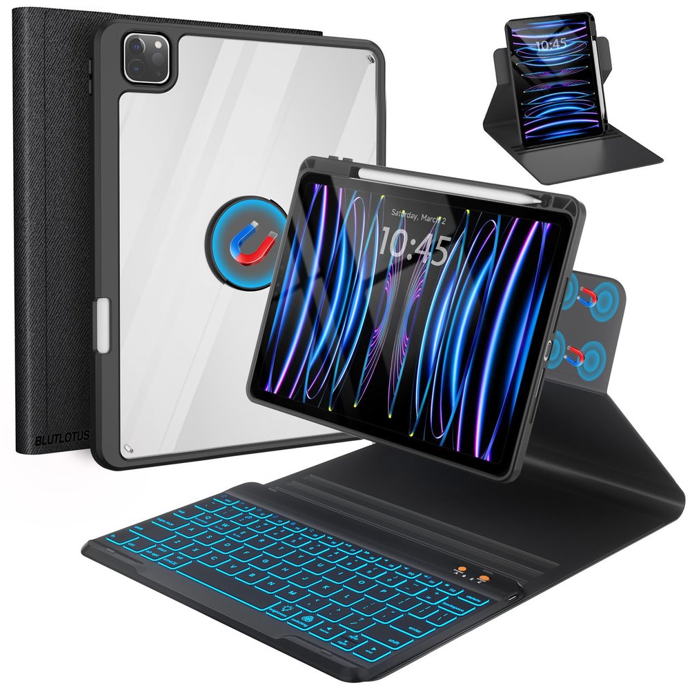 BLUTLOTUS Keyboard Case for iPad Air 11 Air 5th 4th Generation 10.9 inch, Pro 11 1st/2nd/3rd/4th, 360 Rotatable Magnetic Case with Pencil Holder Groove, 7 Color Backlit Wireless Keyboard (Black)