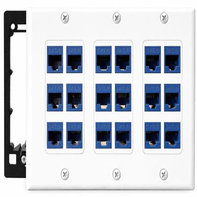 DIYTECH 18 Port Ethernet Wall Plate, Cat 6, Wall Outlet, RJ45 Female to Female Keystone Jacks - White