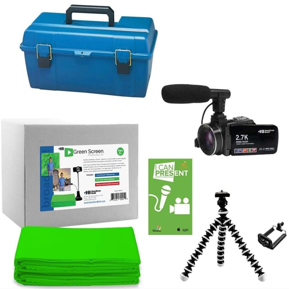 HamiltonBuhl MPSK-S Media Production Studio Small Kit; External Microphone, Octopus Flexible Mini-Tripod Camera Stand, ActionPro Camcorder, Green Screen Backdrop Cloth, Editing Software & Carry Case