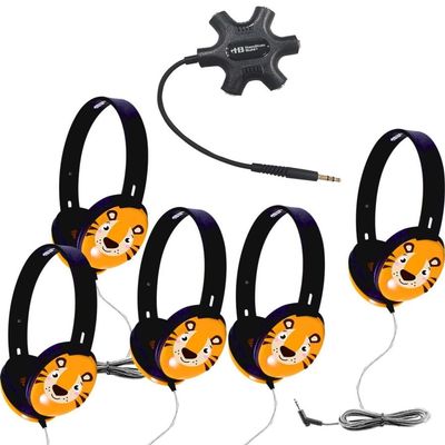 HamiltonBuhl PRMT5JB Listening Center with 5 Primo Tiger Headphones and Starfish Jackbox; Connect to Chromebooks, PCs, Macs or Any Device with a 3.5mm Port; Made of ABS Plastic