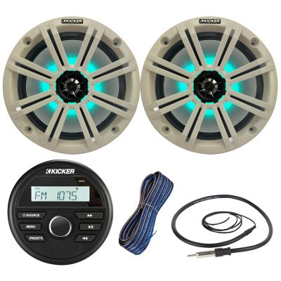 Kicker All-Weather Marine Gauge Style Bluetooth USB Stereo Receiver Bundle Combo with (Qty 2) 8" 2-Way 300W Max Coaxial Marine LED Speakers w/White Grilles, 50-Ft 16-Gauge Wire, 22" Antenna