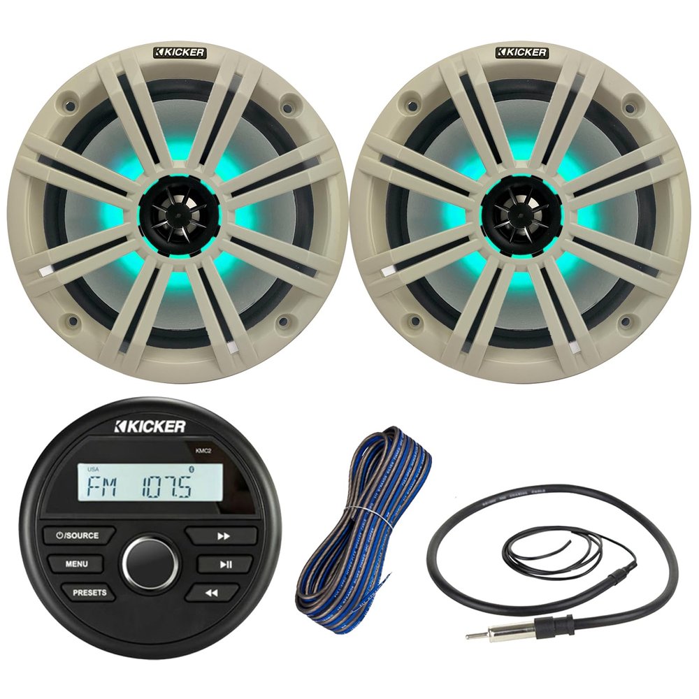 Kicker All-Weather Marine Gauge Style Bluetooth USB Stereo Receiver Bundle Combo with (Qty 2) 8" 2-Way 300W Max Coaxial Marine LED Speakers w/White Grilles, 50-Ft 16-Gauge Wire, 22" Antenna