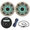 Kicker All-Weather Marine Gauge Style Bluetooth USB Stereo Receiver Bundle Combo with (Qty 2) 8" 2-Way 300W Max Coaxial Marine LED Speakers w/White Grilles, 50-Ft 16-Gauge Wire, 22" Antenna view 1