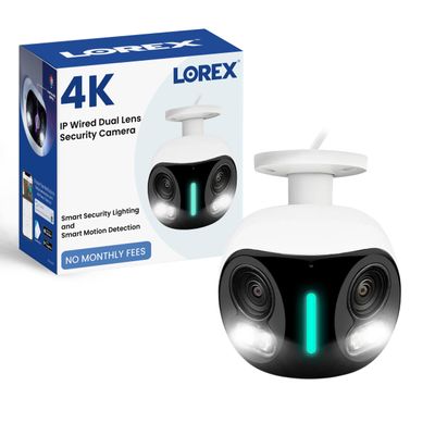 Lorex 4K 8MP IP Wired Dual-Lens Add-On Outdoor Security Camera | Smart Security Lighting | Motion Detection | 180 Panoramic View | Auto Framing | Color Night Vision | 2-Way Talk | Requires Recorder