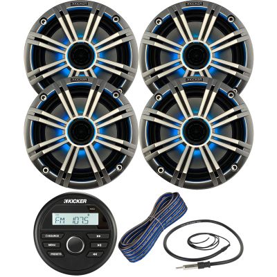 Kicker Weather-Resistant Gauge Style Bluetooth Marine Digital Media Receiver Bundle Combo with (QTY 4) 6.5" 2-Way 195W Max Coaxial Marine LED Speakers w/ Silver Grilles, 16-Gauge Wire, 22" Antenna