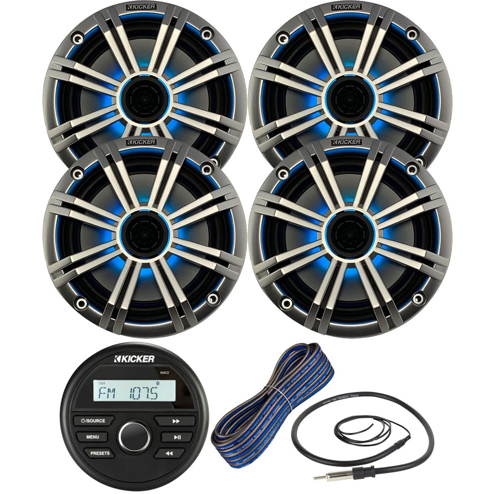 Kicker Weather-Resistant Gauge Style Bluetooth Marine Digital Media Receiver Bundle Combo with (QTY 4) 6.5" 2-Way 195W Max Coaxial Marine LED Speakers w/ Silver Grilles, 16-Gauge Wire, 22" Antenna