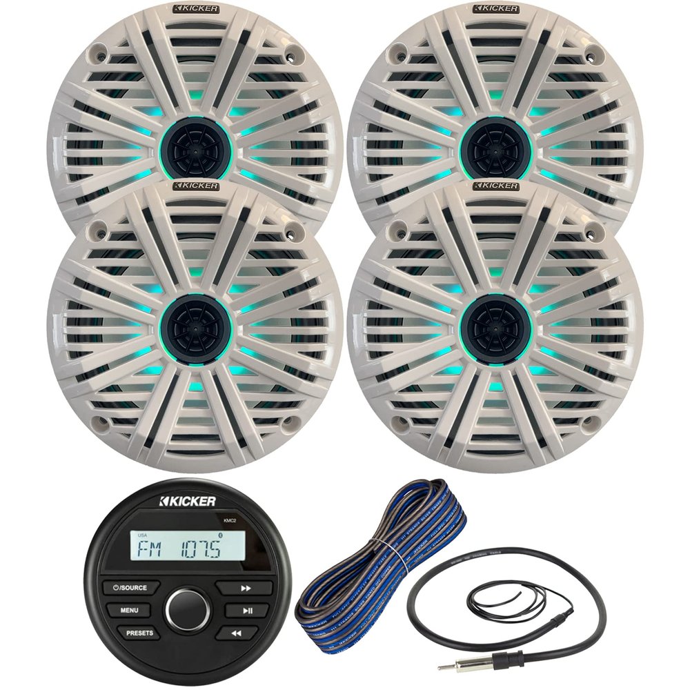 Kicker Weather-Resistant Gauge Style Bluetooth Marine Digital Media Receiver Bundle Combo with (QTY 4) 6.5" 2-Way 195W Max Coaxial Marine LED Speakers w/ White Salt Water Grilles, Wire, Antenna