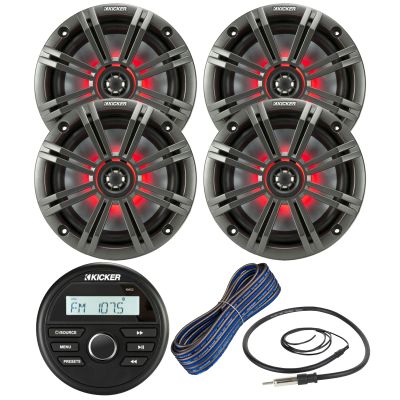 Kicker Weather-Resistant Gauge Style Bluetooth Marine Digital Media Receiver Bundle Combo with (QTY 4) 6.5" 2-Way 195W Max Coaxial Marine LED Speakers w/ Charcoal Grilles, 16-Gauge Wire, 22" Antenna