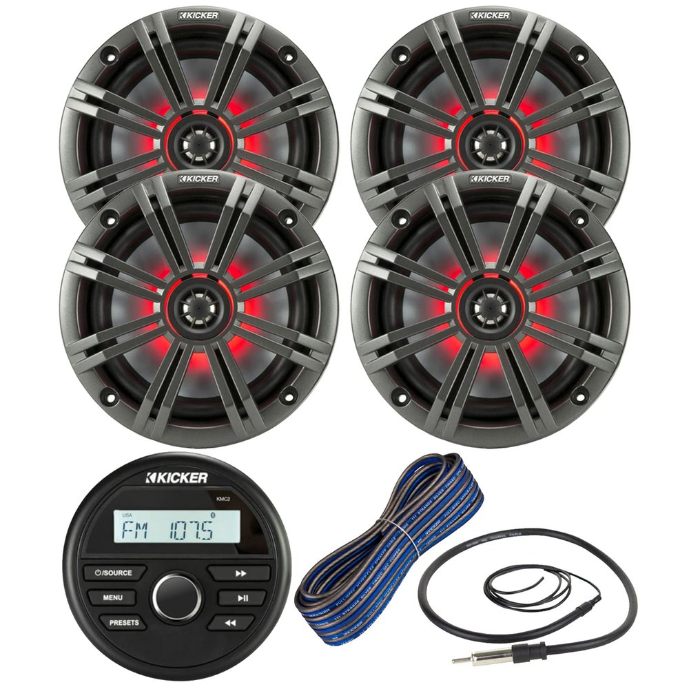Kicker Weather-Resistant Gauge Style Bluetooth Marine Digital Media Receiver Bundle Combo with (QTY 4) 6.5" 2-Way 195W Max Coaxial Marine LED Speakers w/ Charcoal Grilles, 16-Gauge Wire, 22" Antenna