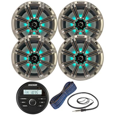 Kicker All-Weather Marine Gauge Style Bluetooth USB Stereo Receiver Bundle Combo with (QTY 4) 8" 2-Way 300W Max Coaxial Marine LED Speakers w/ Silver Grilles, 50-Ft 16-Gauge Wire, 22" Antenna