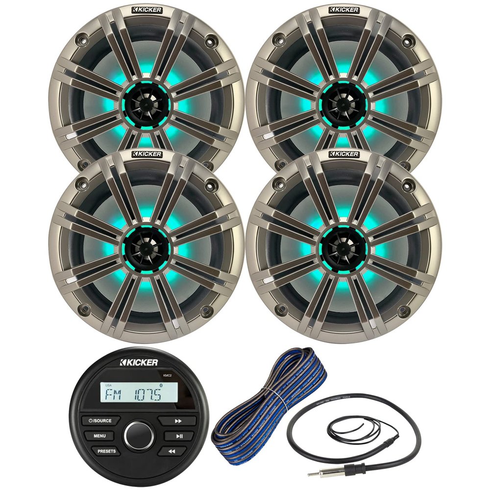 Kicker All-Weather Marine Gauge Style Bluetooth USB Stereo Receiver Bundle Combo with (QTY 4) 8" 2-Way 300W Max Coaxial Marine LED Speakers w/ Silver Grilles, 50-Ft 16-Gauge Wire, 22" Antenna