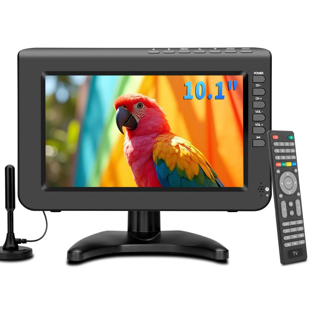 Jexiop 10.1inch Portable TV,720P Screen Small Television with Antenna and Digital ATSC Tuner,HDMI USB Port,12 Volt Charger Cable/AC Power for Caravan and Kitchen