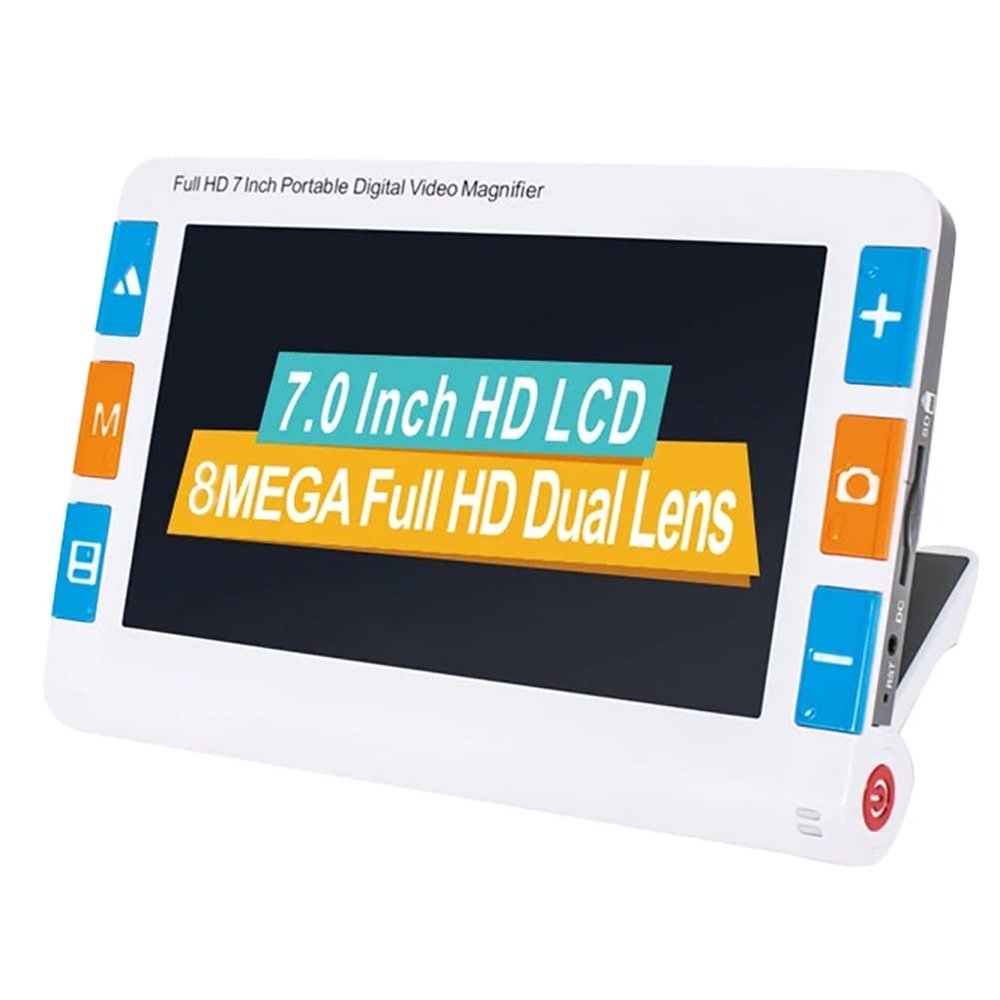 7.0 inch HD LCD Screen Portable Video Digital Magnifier, 2-32x Zoom Electronic Reading Aids with Double Camera View Far and Near, 26 Kinds Color Modes, Memory function, Image freeze, Reading line, etc