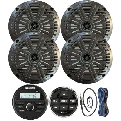 Kicker Weather-Resistant Gauge Style Bluetooth Marine Digital Media Receiver Bundle with Wired Remote, 4x 6.5" 2-Way 195W Max Coaxial Marine Speakers w/ Charcoal Salt Water Grilles, Wire, 22" Antenna