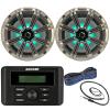 Kicker Weather-Resistant Marine Bluetooth USB RCA Stereo Receiver Bundle Combo with (QTY 2) 8" 2-Way 300W Max Coaxial Marine LED Speakers w/ Silver Grilles, 50-Ft 16-Gauge Wire, Antenna view 1