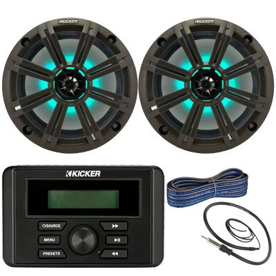 Kicker Weather-Resistant Marine Bluetooth USB RCA Stereo Receiver Bundle Combo with (QTY 2) 8" 2-Way 300W Max Coaxial Marine LED Speakers w/ Charcoal Grilles, 50-Ft 16-Gauge Wire, Antenna