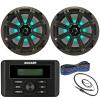 Kicker Weather-Resistant Marine Bluetooth USB RCA Stereo Receiver Bundle Combo with (QTY 2) 8" 2-Way 300W Max Coaxial Marine LED Speakers w/ Charcoal Grilles, 50-Ft 16-Gauge Wire, Antenna view 1