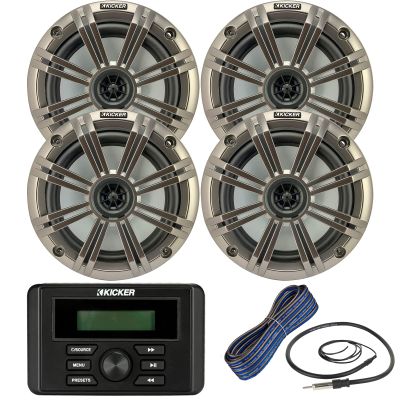Kicker Weather-Resistant Marine Bluetooth USB RCA Stereo Receiver Bundle Combo with (QTY 4) 6.5" 2-Way 195W Max Coaxial Marine Speakers w/ Silver Grilles, 50-Ft 16-Gauge Speaker Wire, Antenna