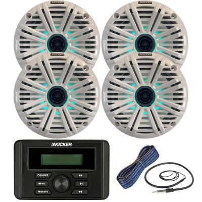 Kicker Weather-Resistant Marine Bluetooth USB RCA Stereo Receiver Bundle Combo with (QTY 4) 6.5" 2-Way 195W Max Coaxial Marine LED Speakers w/ White Salt Water Grilles, 50-Ft 16-Gauge Wire, Antenna