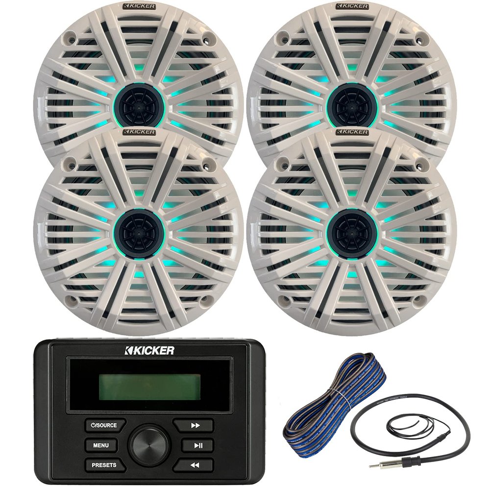 Kicker Weather-Resistant Marine Bluetooth USB RCA Stereo Receiver Bundle Combo with (QTY 4) 6.5" 2-Way 195W Max Coaxial Marine LED Speakers w/ White Salt Water Grilles, 50-Ft 16-Gauge Wire, Antenna