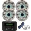 Kicker Weather-Resistant Marine Bluetooth USB RCA Stereo Receiver Bundle Combo with (QTY 4) 6.5" 2-Way 195W Max Coaxial Marine LED Speakers w/ White Salt Water Grilles, 50-Ft 16-Gauge Wire, Antenna view 1