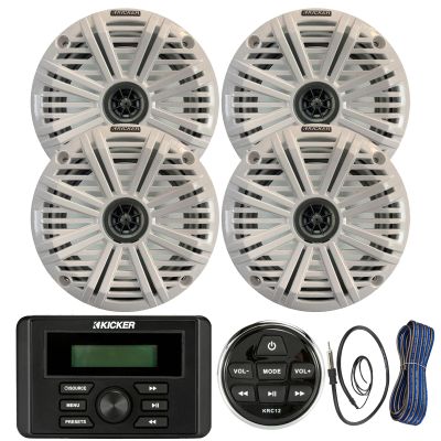 Kicker Weather-Resistant Marine Bluetooth USB RCA Stereo Receiver w/Remote Bundle with (Qty 4) 6.5" 2-Way 195W Max Coaxial Marine Speakers, White Salt Water Grilles, 50 Ft Wire, Antenna