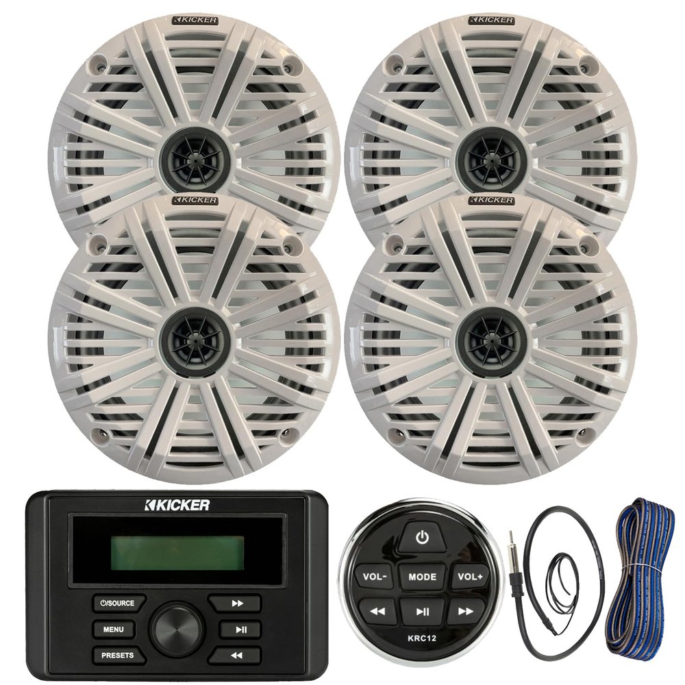 Kicker Weather-Resistant Marine Bluetooth USB RCA Stereo Receiver w/Remote Bundle with (Qty 4) 6.5" 2-Way 195W Max Coaxial Marine Speakers, White Salt Water Grilles, 50 Ft Wire, Antenna