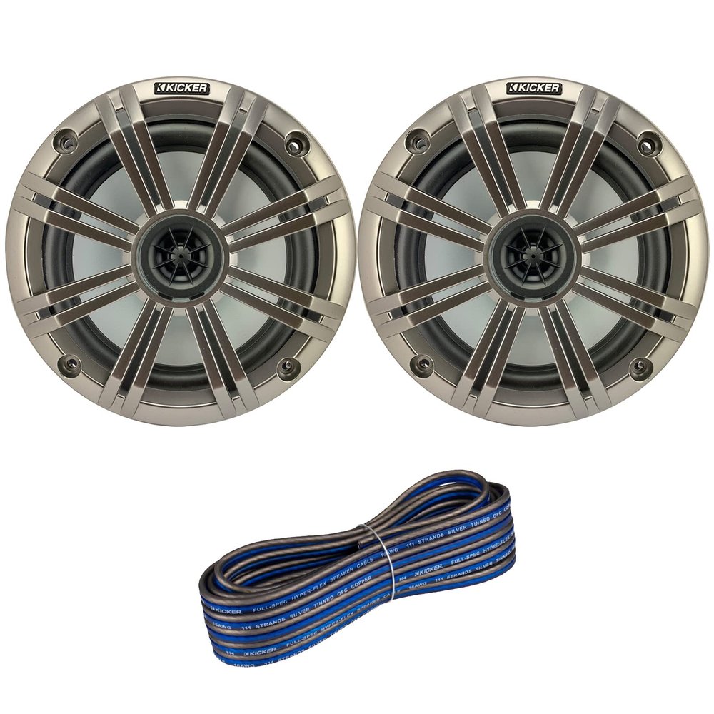1 Pair (QTY 2) of Kicker 6.5" 2-Way 195 Watts Max Power Coaxial Marine Audio Speakers with Silver Grilles, 20-Feet 16-Gauge Speaker Wire